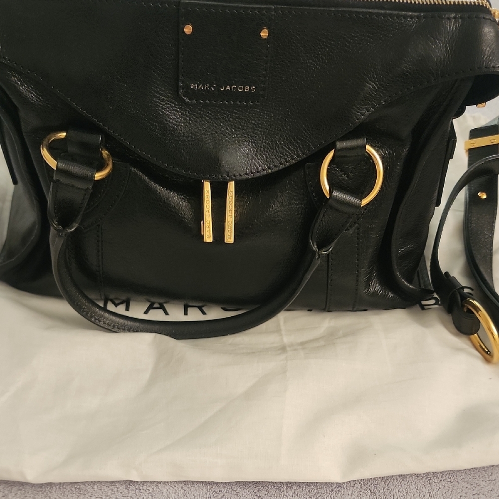 Marc Jacobs Black Leather Satchel with Gold Accents
